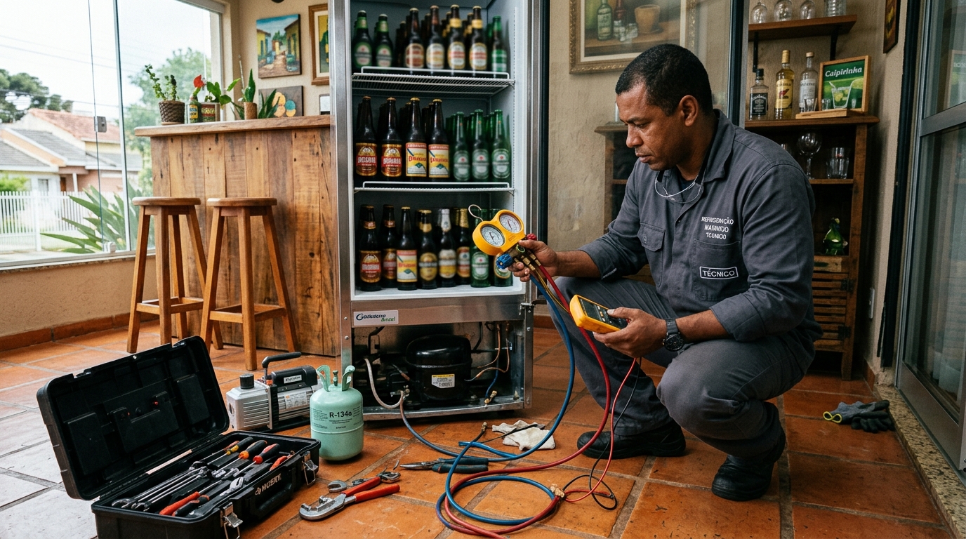 Profissional executando reparo no motor de cervejeira em Campos dos Goytacazes‑RJ