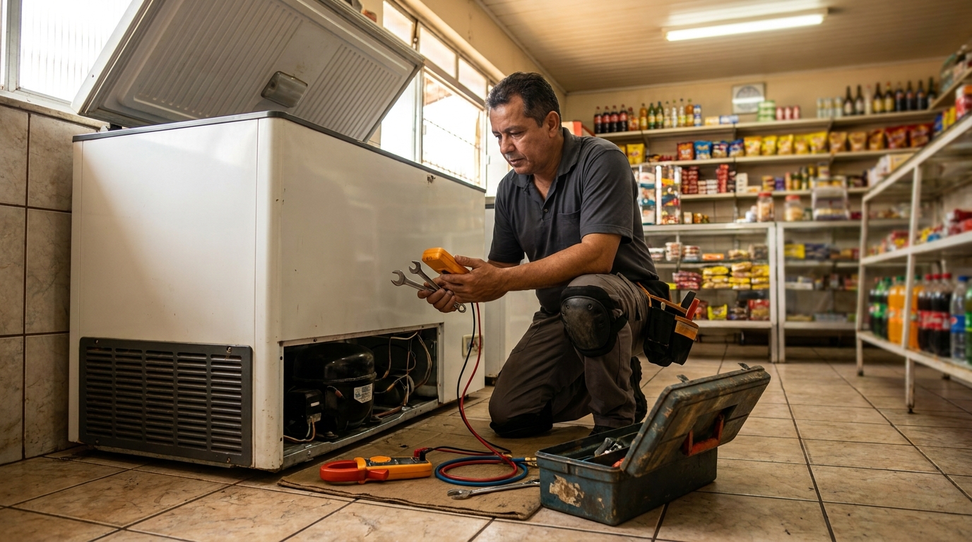Profissional executando manutenção no motor de freezer em Campos dos Goytacazes‑RJ