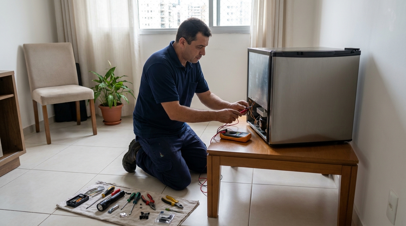 Técnico fazendo manutenção do motor de frigobar em Campos dos Goytacazes‑RJ